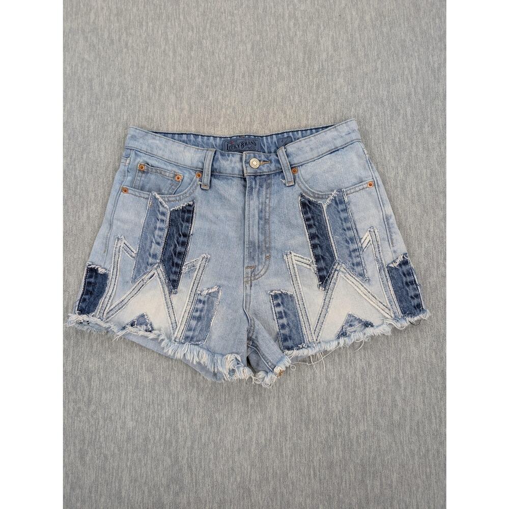 Lucky Brand Denim Shorts Womens 6 28 Blue Lucky Pins Patchwork Fringe High Rise
